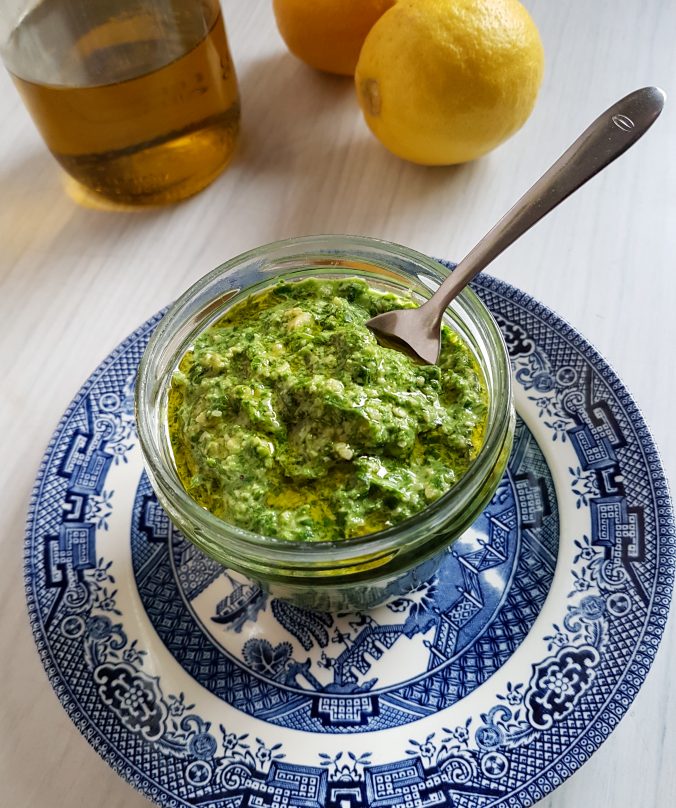 chickweed pesto in a bowl
